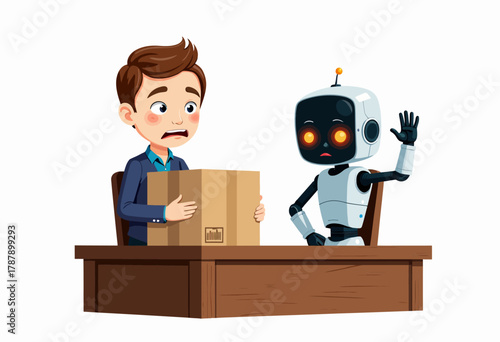 Surprised Young Man Receives Unexpected Package While Sitting At Wooden Desk With Friendly Robot Assistant Offering Help And Support