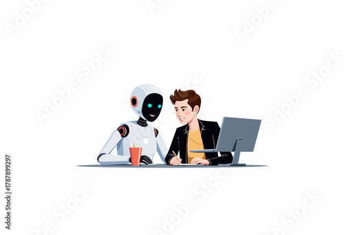 Illustration of a human and humanoid robot collaborating in a modern workspace, showcasing advanced technology and human-computer interaction for innovative problem-solving.