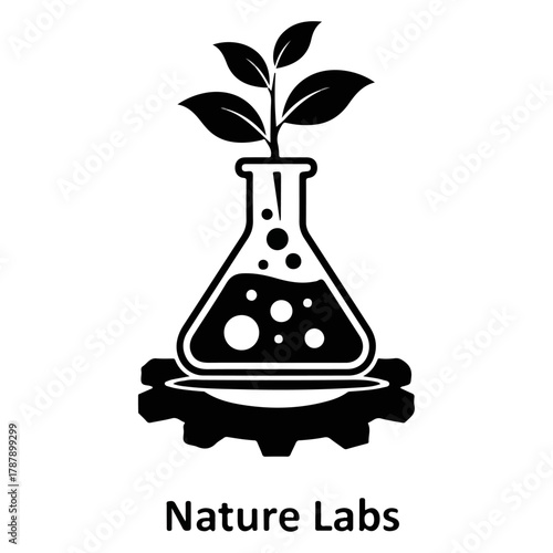 Nature Labs symbol, green plant growing in laboratory flask on mechanical gear, scientific discovery, ecological biotechnology