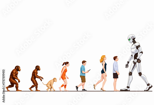Evolutionary Progression Showcasing the Transition from Primate Ancestors to Modern Humans and Future Robotic Integration in a Stylized Illustration