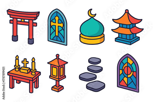 Sacred Structure Icons. Sacred Architecture modern flat icon set: temple gate, church window, mosque dome, pagoda roof, altar table, lantern, stone path, stained glass.