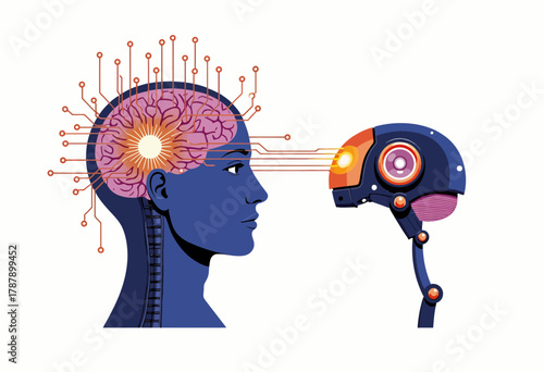 Illustration of Human Brain Interface with AI Robot Symbolizing Future Technology and Artificial Intelligence Interaction