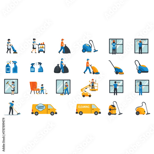 Set of professional cleaning service staff, janitors, and housekeeping crew with various equipment vector icons.