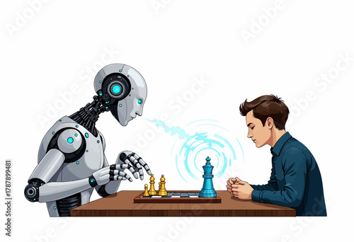 Artificial Intelligence Robot Engaged in Thoughtful Chess Game with Human Opponent at Wooden Table Showing Strategic Challenge and Futuristic Interaction