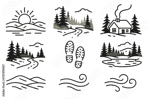 Winter Forest Serenity. Peaceful Winter Morning outline icon set: sunrise glow, misty forest, snow trail, cottage chimney smoke, soft hills, footprints in snow, frozen lake, gentle