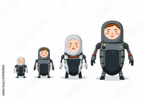 Illustration of Evolutionary Stages in Space Suit Design Showcasing Human Progression from Infancy to Adulthood in Futuristic Attire