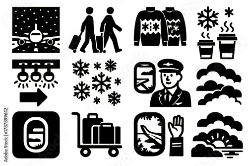 Winter Airport Icons. Winter Departure bold vector icon set: airplane on snowy runway, passengers with luggage, holiday sweaters, glowing terminal lights, snowflakes falling, warm