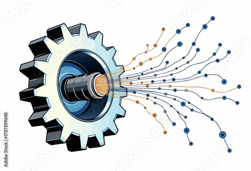 Intricate Mechanical Gear with Radiating Data Streams Symbolizing Technology Integration and Digital Information Flow