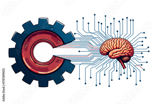 Illustration depicting the integration of machine technology with human brain, symbolizing the fusion of artificial intelligence and cognitive science for innovation