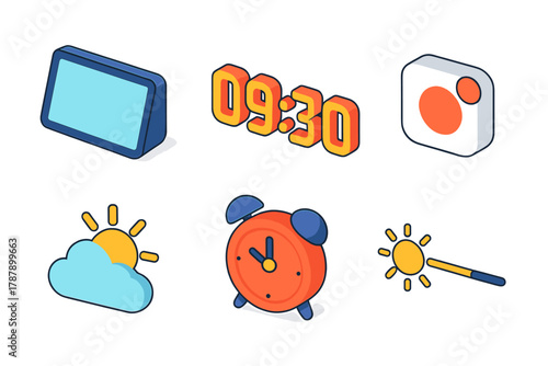 Smart Clock Icons. Smart Clock Interface modern flat icon set: tablet screen, time digits, notification, weather icon, alarm, brightness bar.