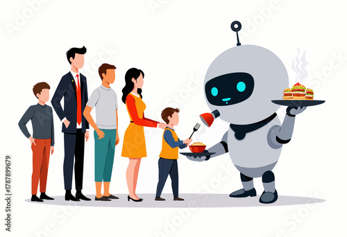 Humanoid Robot Serving Plates of Hot Meals to Family Standing in Line Displaying Future of Hospitality and Automation