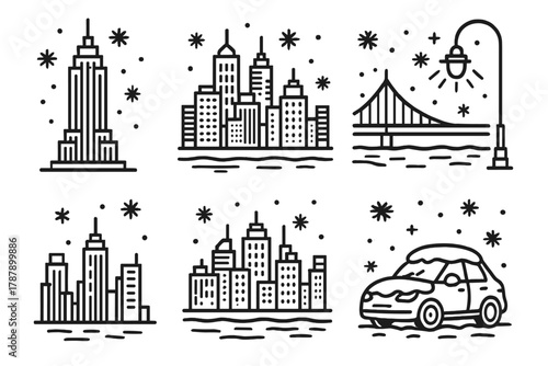 Snowy Cityscape Silhouette. Modern Metropolis outline icon set: skyscrapers, city bridge, streetlight, snowflakes, skyline silhouette, frozen river, car with snow, night sky.