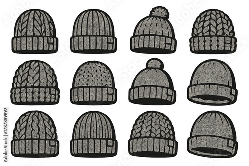Cozy Beanie Icons. Cozy Knit Beanies bold vector icon set: cable knit hat, ribbed wool cap, pom accent, folded cuff, chunky yarn, textured knit, soft lining, small tag, neutral