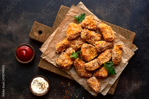 Fresh  homemade crispy chicken nuggets with ketchup . Top view with copy space.