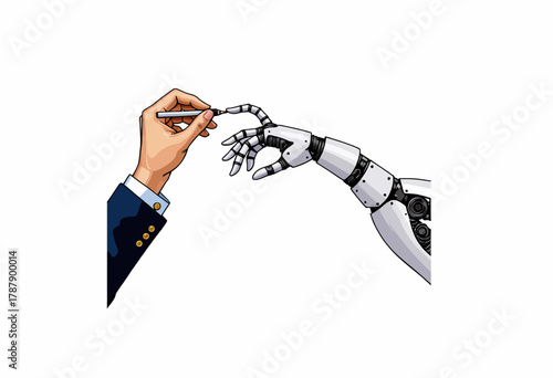 Illustration Depicting Human and Robotic Hands Reaching Out, Symbolizing Collaboration Between Humanity and Artificial Intelligence Technology