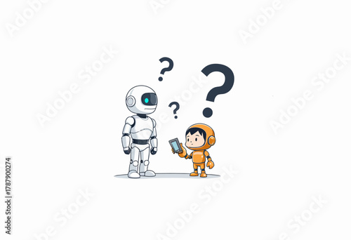 Cartoon Robot and Child in Space Suits Curiously Examining a Smartphone with Question Marks Overhead