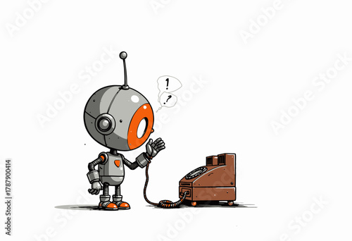 Curious Robot Engaging with Vintage Rotary Phone in a Humorous Exploration of Communication and Technology Intersection