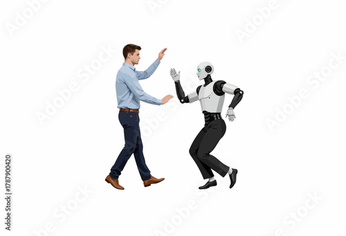 A man and humanoid robot enthusiastically engage in a playful high-five, showcasing human-robot interaction and futuristic technology collaboration