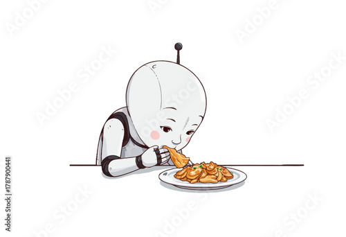 Adorable Robot Enjoys a Plate of Spaghetti Illustrating the Intersection of Technology and Human-Like Experiences in Everyday Life