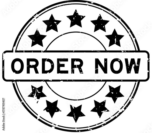 Grunge black order now word with star icon round rubber seal stamp on white background