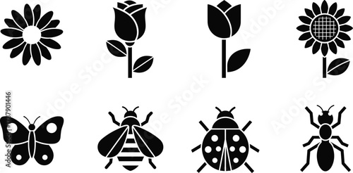 Flower silhouette, insect icon, butterfly, bee, ladybug, ant, daisy, rose, tulip, sunflower, black vector, flat illustration