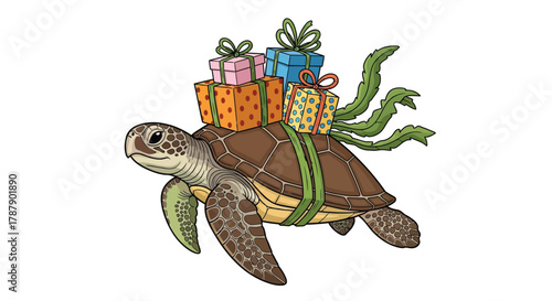 Festive sea turtle delivering colorful gifts for the holidays, bringing joy and cheer to ocean celebrations, a unique and whimsical Christmas scene