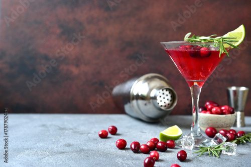 Cranberry martini cocktail with rosemary in a  glass .