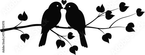 Love birds silhouette, romantic couple, heart branch, nature icon, black vector, animal pose, affection symbol, flat illustration, design, art