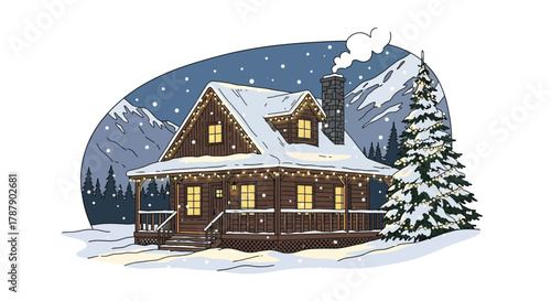 Cozy cabin nestled in a snowy mountain landscape with twinkling lights and a decorated Christmas tree, perfect for winter holidays and festive celebrations