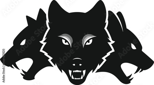 Wolf head silhouette, aggressive animal, fierce predator, tribal symbol, black vector, wild canine, logo design, strength icon, flat illustration