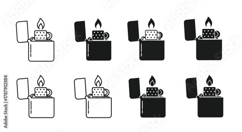A set of black and white lighter illustrations in various stages