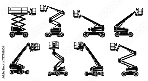 Various black and white illustrations depicting different aerial lift platforms