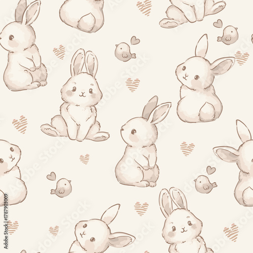 Seamless bunny pattern, hand drawn vector design, cute pastel rabbits for kids textile and wallpaper.