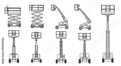 Various types of aerial lifts illustrated in a technical blueprint style