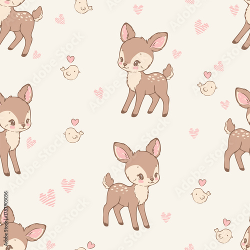 Seamless baby deer pattern with hearts, cute forest animal vector for kids fabric and apparel
