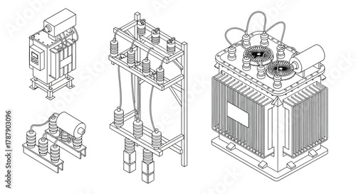 Detailed schematic drawing of electrical transformers and related power distribution equipment