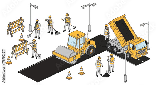 Isometric illustration of a road construction site with workers and machinery