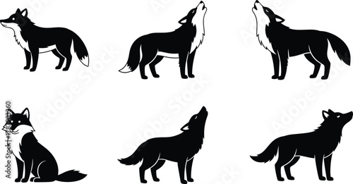 Wolf silhouette, howling pose, sitting wolf, standing animal, wild canine, black vector, nature icon, predator symbol, flat illustration, design