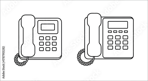 Simple black and white illustration depicting two vintage landline telephones