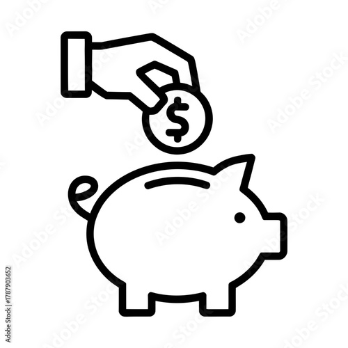 hand placing coin into piggy bank line icon