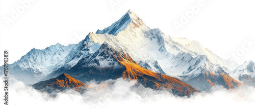 Majestic snow-capped mountains with orange hues on the slopes and clouds below showcase the beauty of nature, making it an excellent choice for tourist brochures, environmental campaigns 