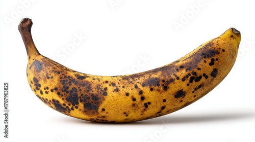 Overripe banana with dark blemishes on a white background