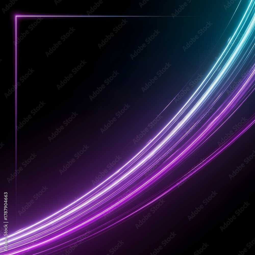 Naklejka premium Abstract futuristic background with dynamic flowing neon light trails in vibrant purple and cyan colors on a dark backdrop with a glowing frame