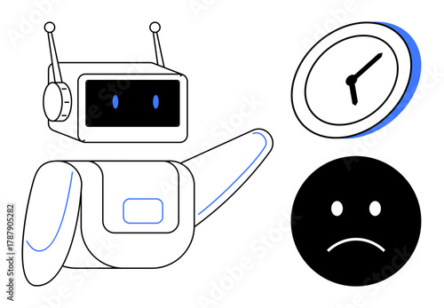 Robot gesturing at clock with a sad face. Highlights missed deadlines, poor time management, AI assistance, stress, urgency, productivity, workflow challenges. Ideal for futuristic abstract simple