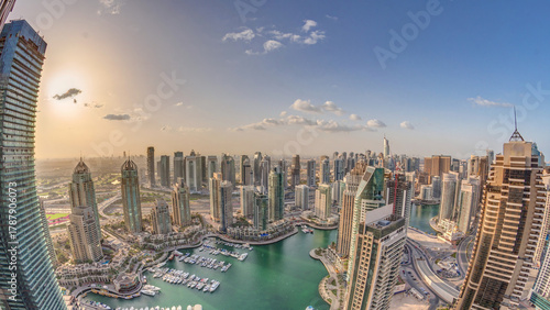 Dubai Marina skyscrapers and jumeirah lake towers view from the top aerial ti...