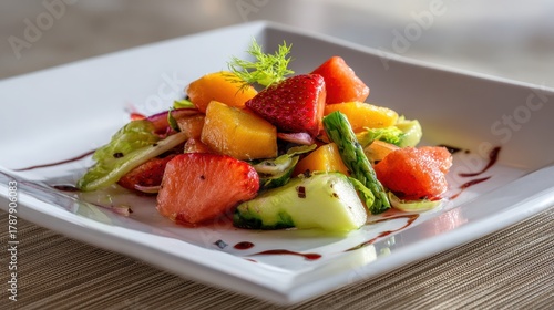 Salad of fruits and vegetables on a white dish