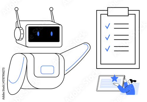 Robot pointing at a task checklist with checks, user interacting with a star-marked tablet. Ideal for automation, productivity, AI, workflow, technology, task management and innovation. Clean flat