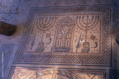 Tiberias, Israel, November 11, 2025 — synagogue mosaic with Torah ark, menorahs, shofar, and lulav. Hammat Tiberias Synagogue.