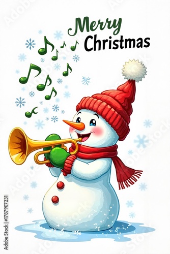 Snowman playing trumpet joyfully for Christmas celebration in a snowy scene