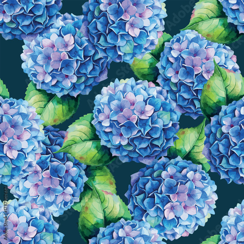 Blue Hydrangea Watercolor Floral Botanical Vector Pattern
